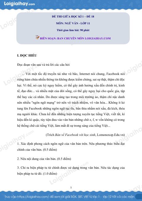 Đề kiểm tra giữa kì 1 Ngữ văn 11 - Đề số 18 có lời giải chi tiết